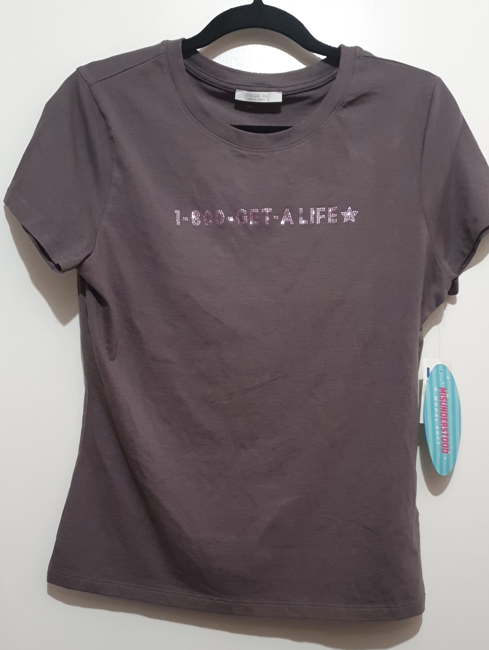 Grey Graphic Tee "1800GETALIFE" with Pink Rhinestone Text